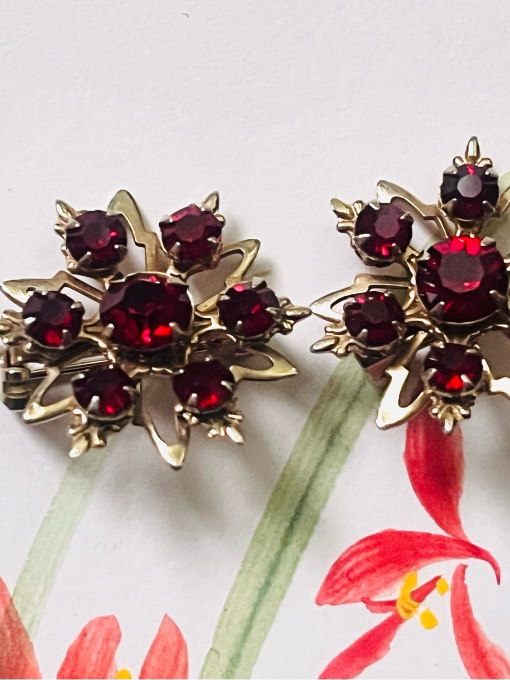 Gold-Tone Red Crystal Floral Clip-On Earrings
